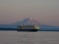 A Roll-On Roll-Off Ship in Front of Mt Rainier