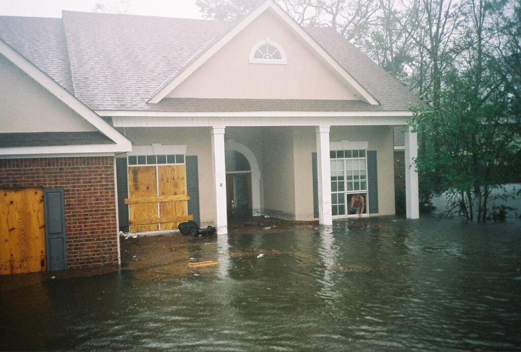 A partially flooded house at the peak of Hurricane Katrina Landfall