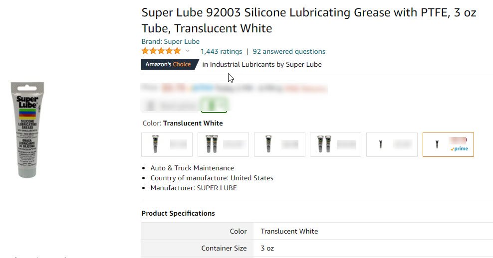 Amazon.com Listing for Silicon Lubricant