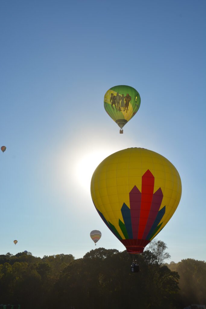 A group of colorful hot air balloons ascending into a clear blue sky with the afternoon sun behind them.