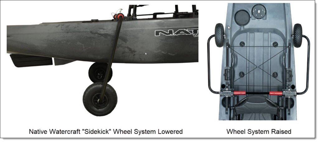 Native watercraft Slayer Max 10 sidekick wheel system, side view with wheels down and top view with wheels up.