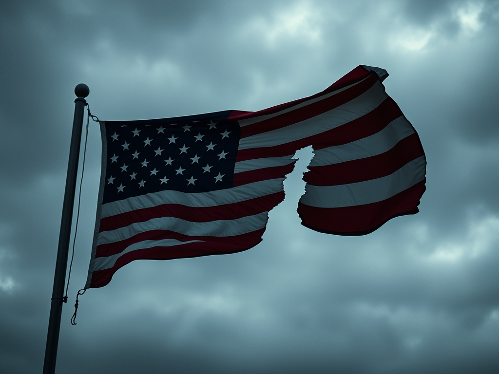 A torn and tattered american flag set against a gloomy sky.