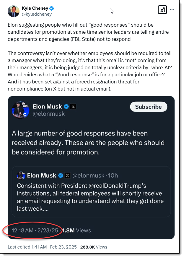 Elon Musk posting stating people with good responses should be considered for promotion, timestamp of 12:18 AM Sunday morning. 