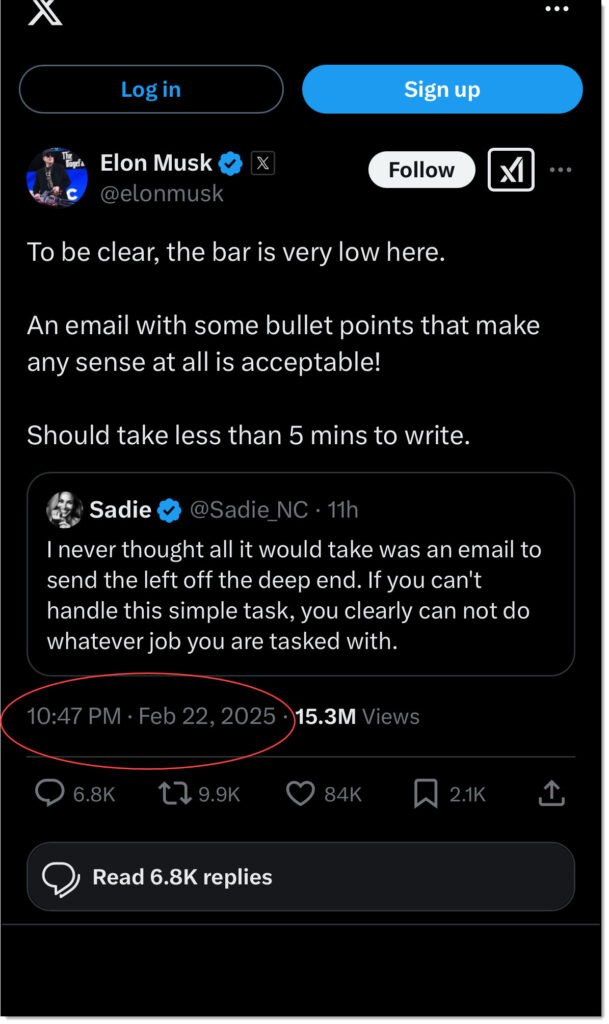 Elon Musk twitter/X post stating "To be clear, the bar is very low here. An email with some bullet points that make any sense as all is acceptable!"