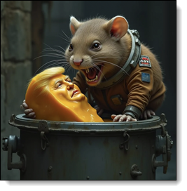 A rat resembling Elon Musk is attacking a piece of cheese in a trash can that resembles trump's face. 