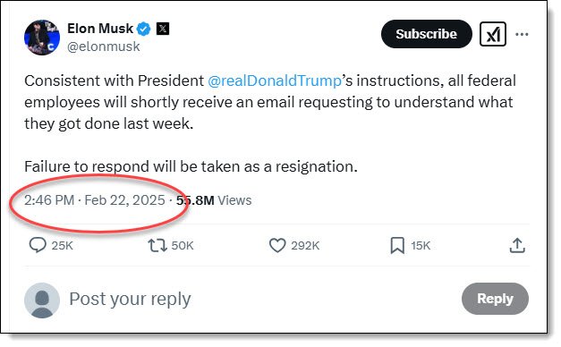 Elon Musk twitter post threatening job terminations for not responding with five things we did the previous week. 