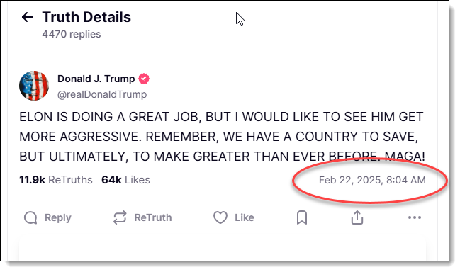 Trumps Truth Social post demanding Elon Musk get tougher on federal workers.  