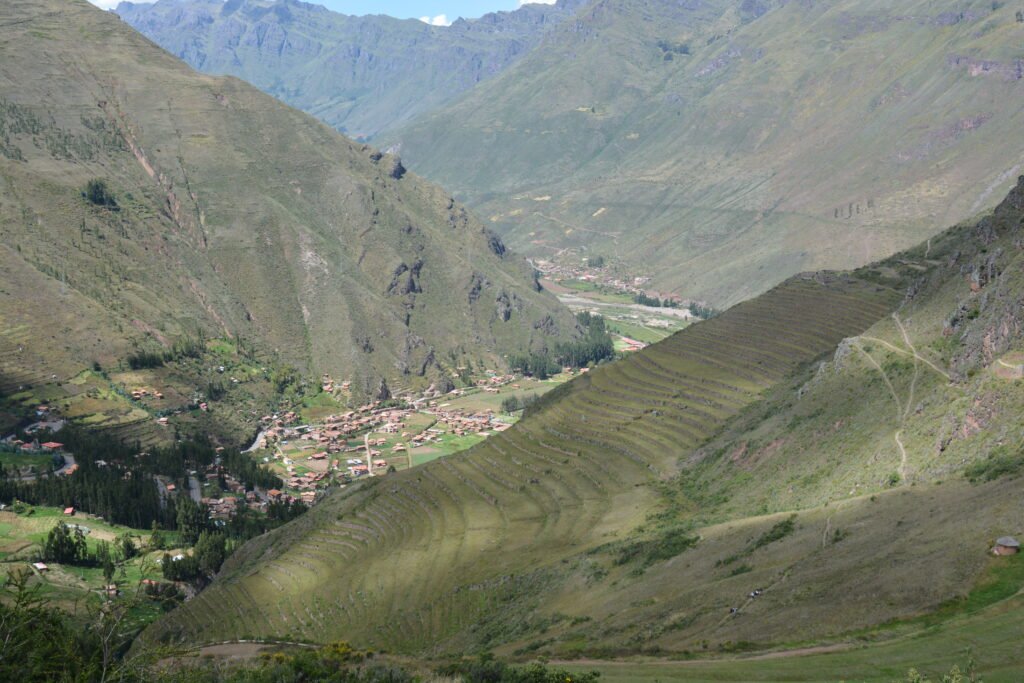 Looking Down Into A Mountain Valley With Remnants of Inca Terracing On The Mountainside