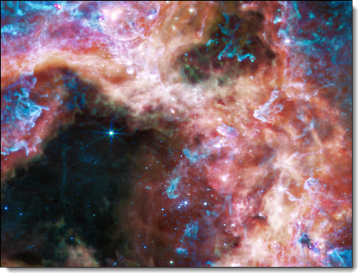 The James Webb Space Telescope reveals details of the structure and composition of the Tarantula Nebula, as well as dozens of background galaxies. Credit: NASA, ESA, CSA, STScI, Webb ERO Production Team Image. Wikimedia Commons, https://commons.wikimedia.org/w/index.php?search=File%3AMilky+Way+Galaxy+%28black+background%29.png&title=Special%3ASearch&profile=advanced&fulltext=1&ns0=1&ns6=1&ns12=1&ns14=1&ns100=1&ns106=1#/media/File:Tarantula_Nebula_(MIRI_Image).png
