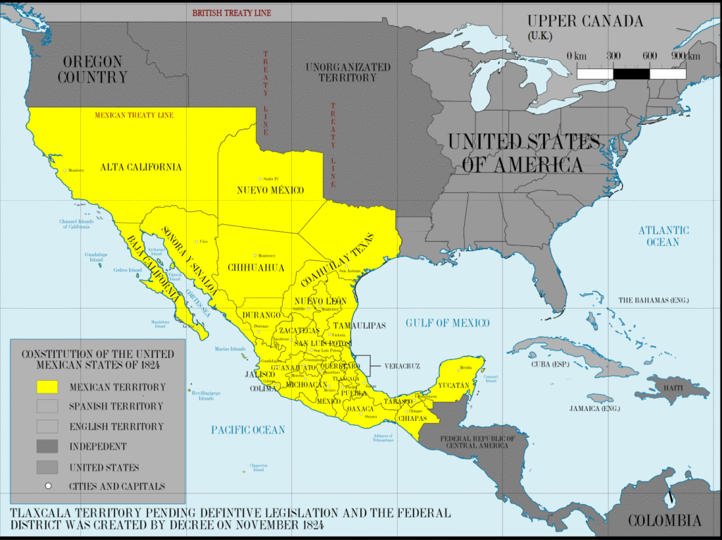 Map of the United States and Mexico in 1824 with the boundary line with America from the 1818 Adams-Onís Treaty that Spain negotiated with the U.S. Author: Giggette - This image was created with Adobe Photoshop., CC BY-SA 3.0, https://commons.wikimedia.org/w/index.php?curid=26142344