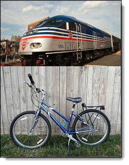 Montage of the Virginia Railway Express (VRE) with a fuji bicycle superimposed. Alternate Commuting for This Modern Age