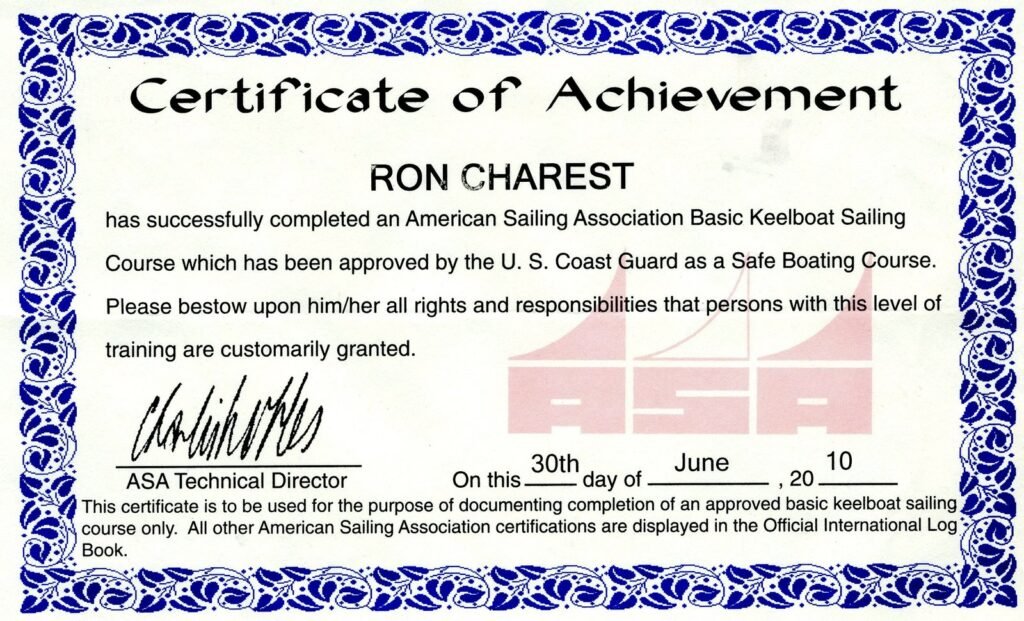 A copy of the American Sailing Association (ASA) Keelboat 101 Sailing Certification