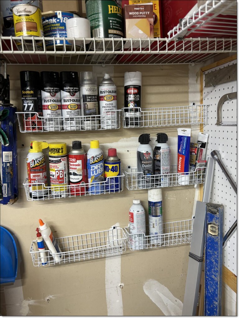 Wall-mounted wire shelves for spray-can storage