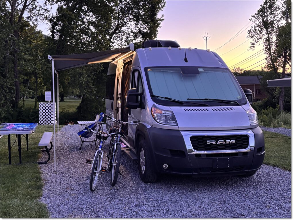 Sunset at Damascus Creekside RV park, with our bicycles prepped for the next day's adventure.