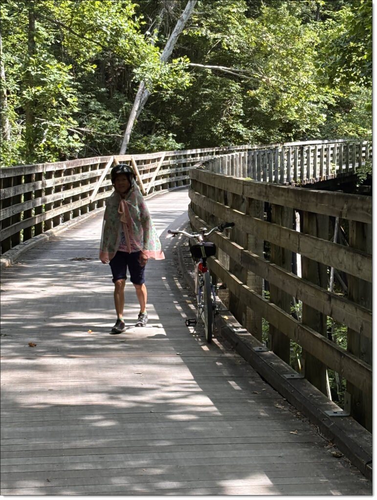 Winnie on Trestle number 2 along teh Virginia Creeper Trail, outside of Abingdon, Virginia