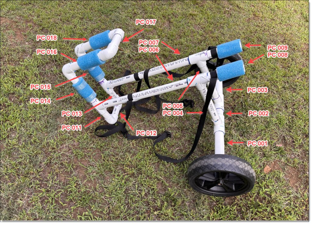 A view of Ron Charest's homebuilt cart for a Native Watercraft Slayer Max Ten kayak, with each section of PVC pipe identified as piece part.
Licensed CC-BY-NC