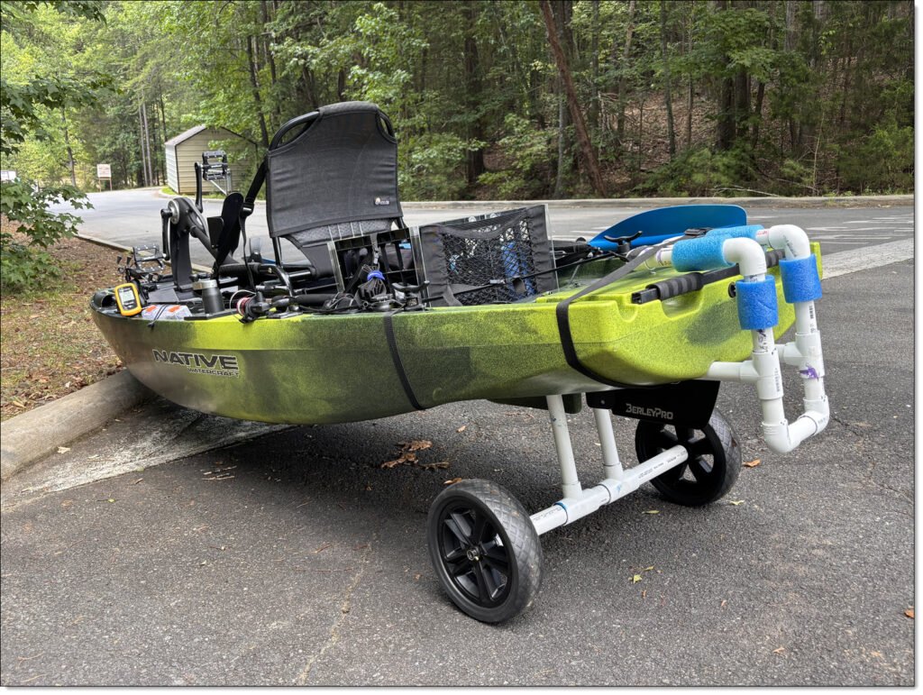 Rear view of a native Watercraft Slayer Max Ten Propel with homebuilt cart attached. 