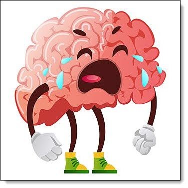 cartoon of a stylized pink human brain with anthropomorphic traits, appearing to be crying rivers of tears and having a MAGA Brain Meltdown