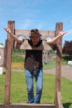 Jeff Charest Gets Caught Jeff Charest Gets Caught, in the stocks at the Cardiff Castle, Cardiff, Wales. Jeff lived in Cardiff for several years while attending Graduate and post-Graduate school at Cardiff University.