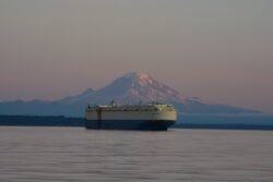 A Roll-On Roll-Off Ship in Front of Mt Rainier