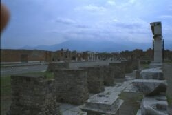 An ancient cobblestone roadway lined with broken columns and walls