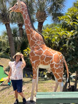 Weifang Charest with a stone giraffe, at a miniature golf course in Myrtle Beach, South Carolina. May 2026