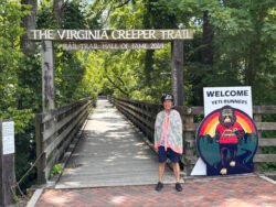 Weifang Charest at the Abington, Virgina, end of the Virginia Creeper Rail Trail.