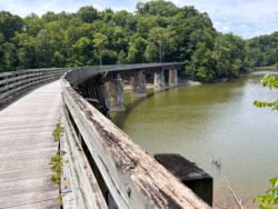 Old Railway Trestle Along the Virginia Creeper Trail. Marked as bridge 12 starting from Abington, Virginia, it crosses the confluence of Middle and South Forks of the Holston Rivers.