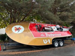 The Hydrofoil racing boat U-1 sitting on it's trailer outside the Hydroplane & Raceboat Museum in Seattle, Washington. These boats are commonly called "Thunderboats."