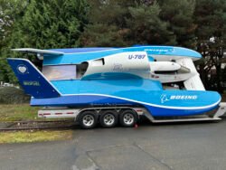 The Hydroplane racing boat U-787 sitting on it's trailer outside the Hydroplane & Raceboat Museum in Seattle, Washington. These boats are commonly called "Thunderboats."