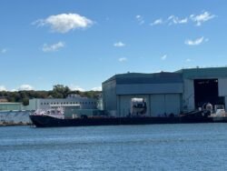 Barge with Submarine Hull Section at Electric Boat Shipyard, Groton, Connecticut