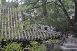 An Architectural Detail of a Chinese Roof A sculpture of a chinese dragon on the corner of a gray-tiled rooftop.