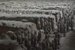 terracotta warriors and horses standing in formations in excavated trenches. There are some figures of horses and some of teh warriors are missing heads.