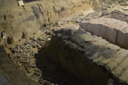 an open trench with the bottom littered with terracotta fragments