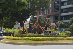 A colorful bicycle wireframe sculpture in the traffic circle of Óvalo de La Paz-Armendáriz, Miraflores