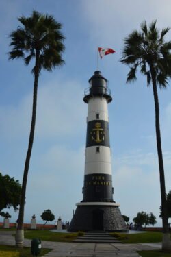 A black and white striped lighthouse flanked by two large palm trees.