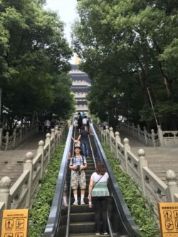 The Leifeng Pagoda in Hangzhou a outdoor escalator leading up to a chinese pagoda, with the escalator lined with carved stone railings