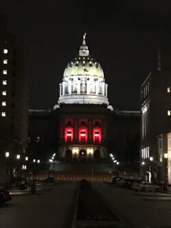 The Capital Building at Harrisburg, Pennsylvania internally illuminated at Night