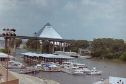 A scale model of an egyptian pyramid along the Mississippi River in Memphis, Tennessee.