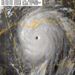 Hurricane Katrina satellite image of the storm cloud overlaid on an outline map of the U.S. Gulf Coast.