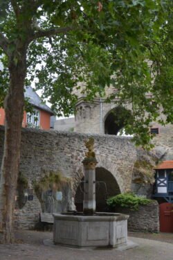 a carved stone fountain in a courtyard with thick stone walls behind it, shaded by a large tree.
