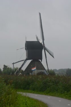 looking across a road and grassy fields at large windmill with a square top where the sails are attached.