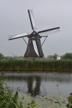 a view of a dutch windmill looking across a watery canal