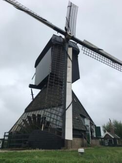 large dutch windmill with a shingled lower section and a hut-shaped rotating upper section.
